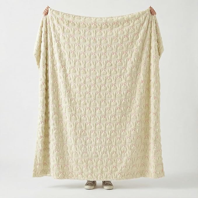 Horaldaily Easter Solid Blanket Throw, Beige Rabbits Bow Soft Fuzzy Plush Faux Fur Cozy Blankets for Couch Sofa Bed Lounging, Ideal Gifts for Kids Adults Wife Self, 60x80