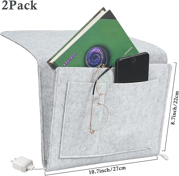 Felt Bedside Caddy,Bed Side Pocket Storage Organizer Bag with 5 Pockets and Charging Hole for Home Bedroom, Living Room (2PCS/Grey)
