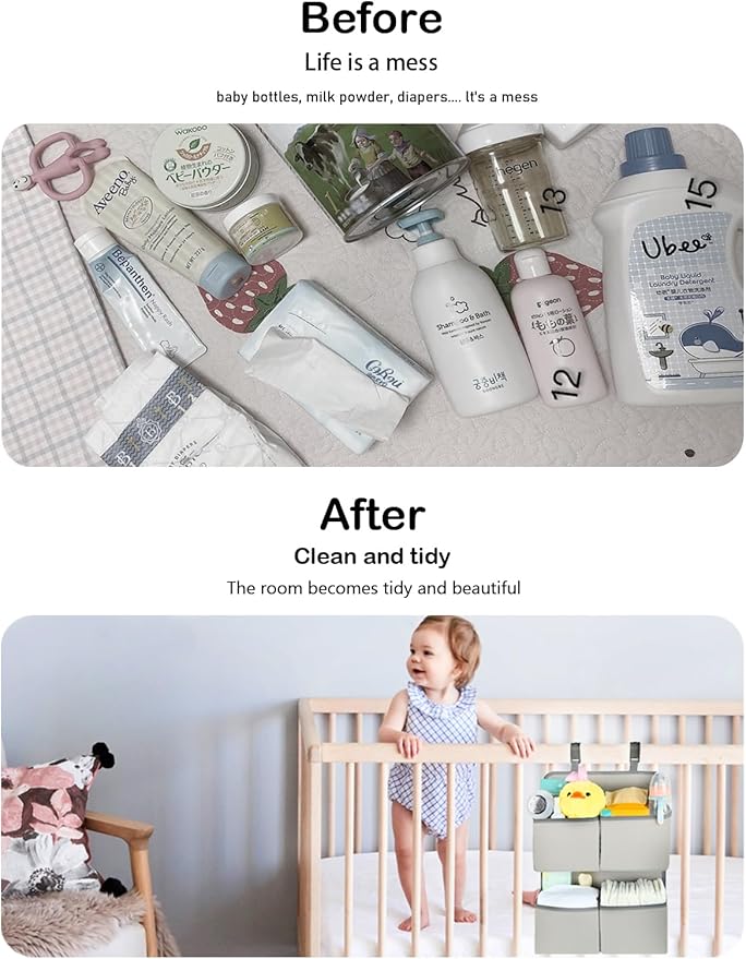 Hanging Diaper Organizer for Crib/Playard/Bassinet/Playpen – Hold 80+ Diapers - Changing Table Diaper Holder - Hanging Diaper Storage Stacker Nursery Caddy Organizer for Newborns (Silver-gray)