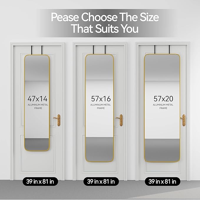 57x16 Door Hanging Full Length Mirror, Floor Stand (Height 5.7ft just Body in1.3ft) Wall Mounted Metal Frame Rectangle Dressing Mirrors for Bedroom Bathroom Room 57 inch Gold
