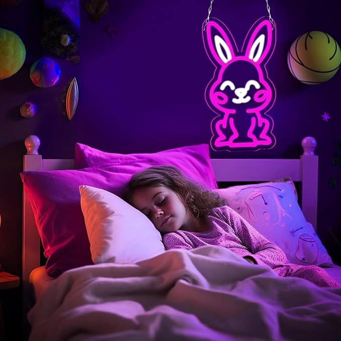 Easter Rabbit Neon Sign for Wall Decor,Dimmable Led Pink Rabbit Neon Signs, USB Powered Rabbit Neon Lights for Children's Room Decoration, Easter Gifts, Birthday Parties Gift