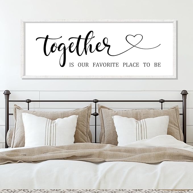 YWJKWLGS Together Is My Favorite Place to Be Sign Master Bedroom Wall Decor Above Bed 40x15 Inch Love Quotes Wall Art Large Rustic Modern Wood Framed for Couplesn (White)