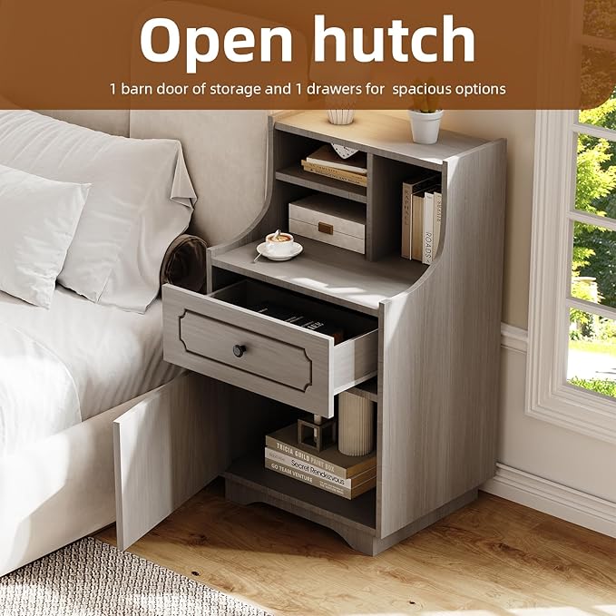 4ever2buy Farmhouse Nightstand with Storage Drawer and Hutch Bedside Table for Bedroom 30.31 inch Tall Night Stand End Table Wash Gray