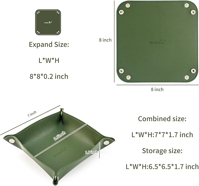 SANQIANWAN PU Leather Arc Edge Jewelry Valet Tray for Man and Women, Portable Mini Entryway Table Tray Bedside Nightstand Desk Tray Small Travel Dish Plate for Key,Wallet,Watch,Coin (DarkGreen)