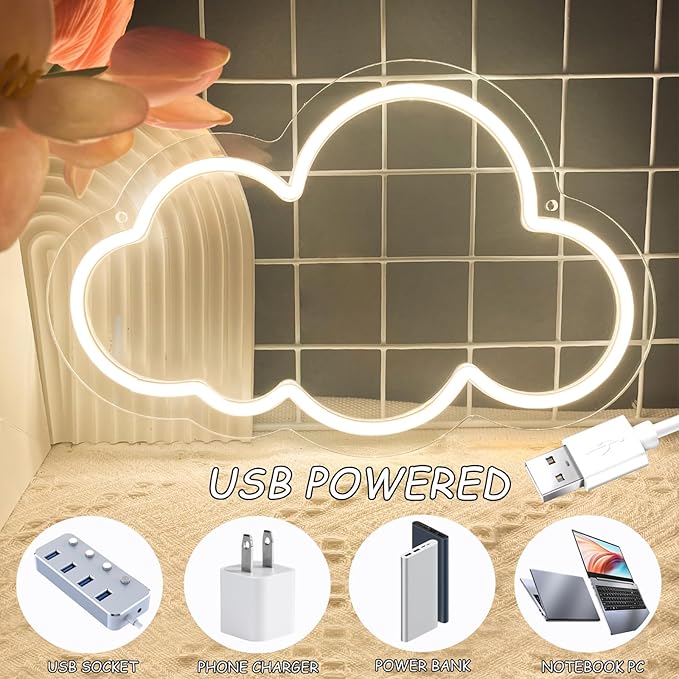Cloud Neon Sign Cute Warm White Clouds LED Light Sign for Wall,13 * 7.9in Dimmable USB Floating Clouds Light Up Sign for Living Room Kid Bedroom Nursery Birthday Christmas Wedding Party decor