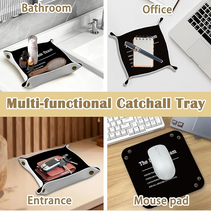 Employee Appreciation Gifts,Dream Team Gifts Valet Jewelry Tray for Coworkers Employees PU Leather Catchall Beside Caddy Nightstand Organizer Tray for Jewelry Rings Watches, 7.87x7.87in
