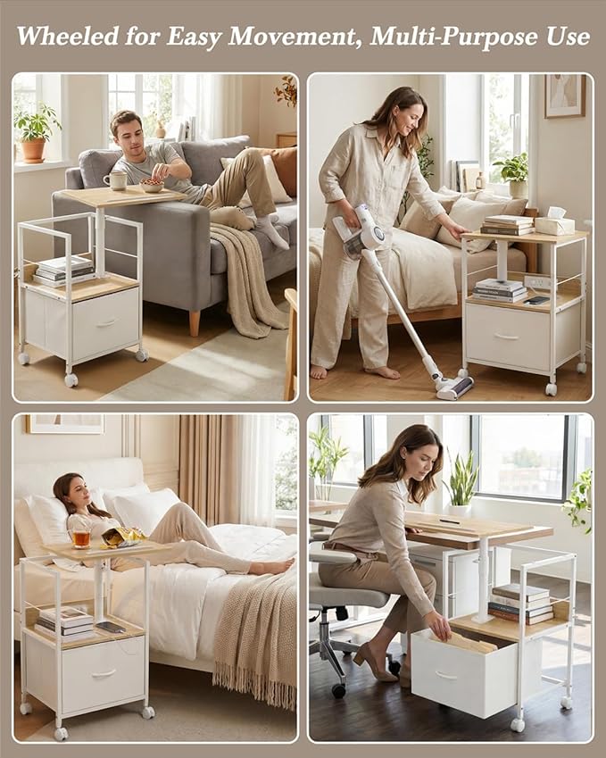 360° Swivel Nightstand with Height Adjustable, Lift Top Bedside Table with Charging Station, Rolling Night Stand with Fabric Drawer, End Table with Wheels, for Bedroom, Living Room, Natural White