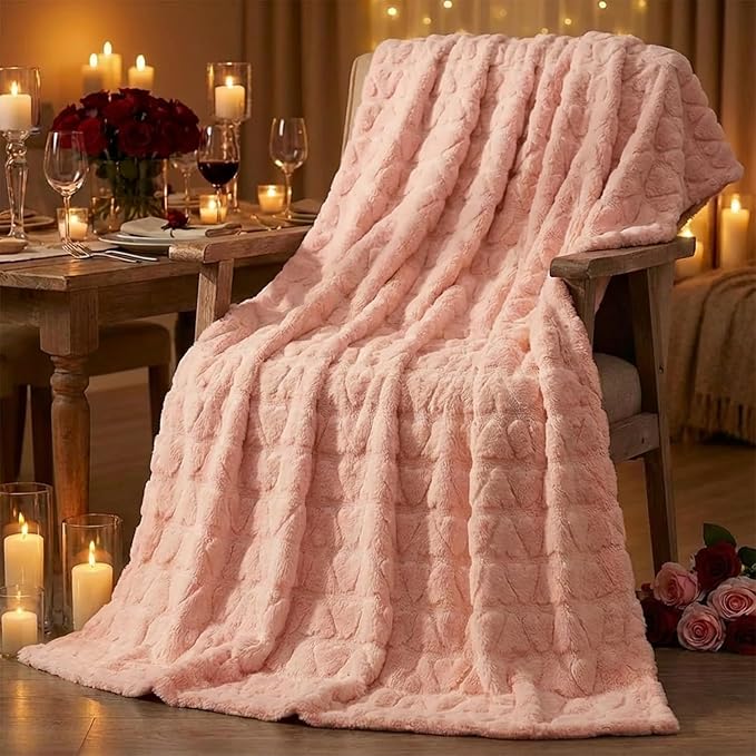 Horaldaily Valentine Blanket Throw, Pink Cute Love Heart Soft Fuzzy Plush Faux Fur Cozy Blankets for Couch Sofa Bed Lounging, Ideal Gifts for Kids Adults Wife Self, 60x80