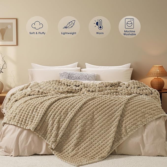 PHF Luxury Soft Fleece Blanket King Size, No Shed No Pilling, 380GSM Fluffy Cozy Throw Blankets for Bed, 108"x90",Lightweight Warm Bedding for Home Decor, Ideal Gift for Women, Khaki