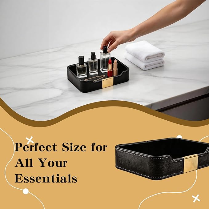 Black Leather Valet Tray - Multi-Use Nightstand Tray, Decorative Tray for Jewelry, Perfume, and Accessories Storage (Black)