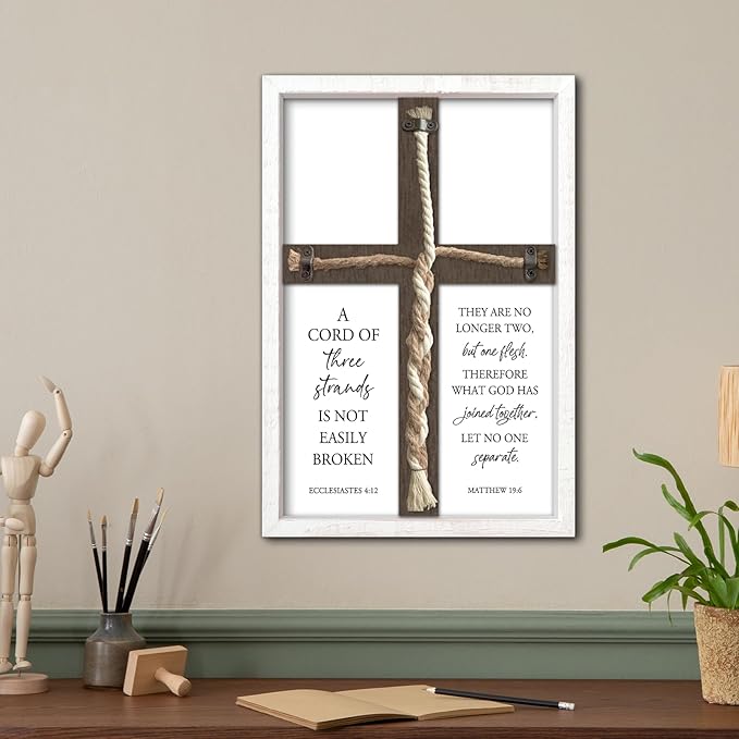 YWJKWLGS A Cord of Three Strands Wedding Ceremony Sign 15x10 Inch Anniversary Unity Knot Cross Christian Marriage Prayer Art Ideas Braid Rope Wall Decor for Couple Religious Wood Framed (White)