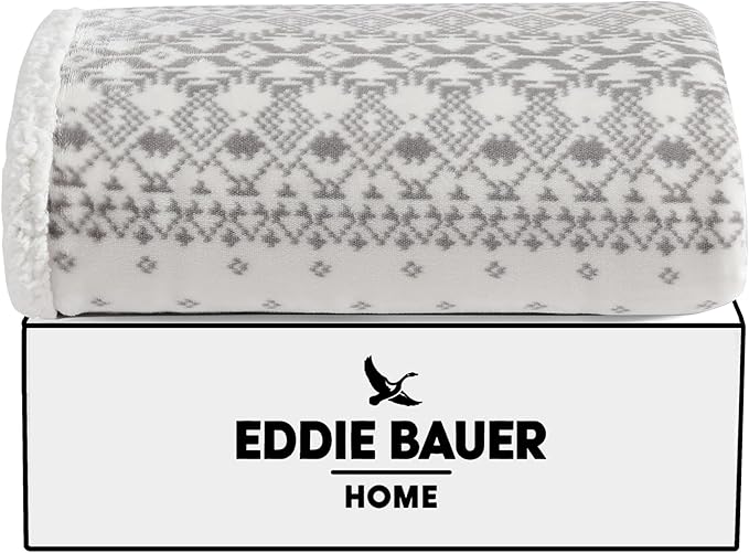 Eddie Bauer - Throw Blanket, Brushed Fleece & Plush Sherpa Bedding, Blanket for Couch & Bed (Fair Isle Peak Grey, 50" x 60")