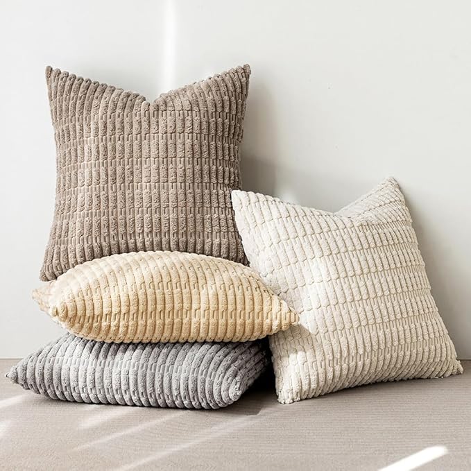 MIULEE Pack of 4 Neutral Decorative Throw Pillow Covers 18x18 Inch for Couch Sofa Living Room Bed Rustic Farmhouse Boho Corduroy Soft Striped Pillow Covers Home Decor