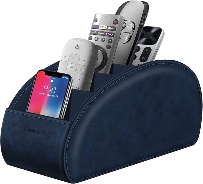 Large Remote Control Holder with 5 Compartments, KENOBEE Anti-slip Desktop Caddy Storage Organizer for Phone, Remote Controllers, Office Supplies, Makeup Brush, Media Accessories,Blue