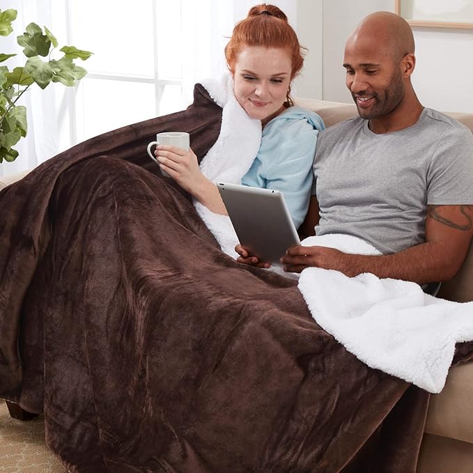 Genteele Sherpa Throw Blanket Super Soft Reversible Ultra Luxurious Plush Blanket, 90 x 90 inches, Brown/White