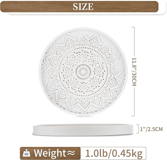 Hanobe Decorative Coffee Table Tray: Round Wood Trays for Boho Home Decor White Farmhouse Rustic Centerpiece for Living Dining Room Ottoman Kitchen Counter 12 Inch