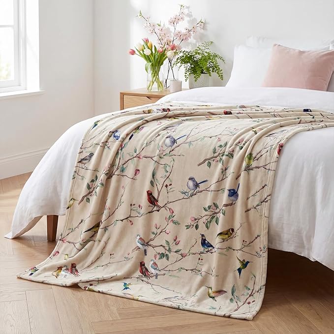Horaldaily Spring Summer Flannel Blanket Throw, Birds Branch Biege Floral Soft Fuzzy Plush Cozy Fleece Blankets for Couch Sofa Bed Lounging, Ideal Gifts for Kids Adults Self, 60x80