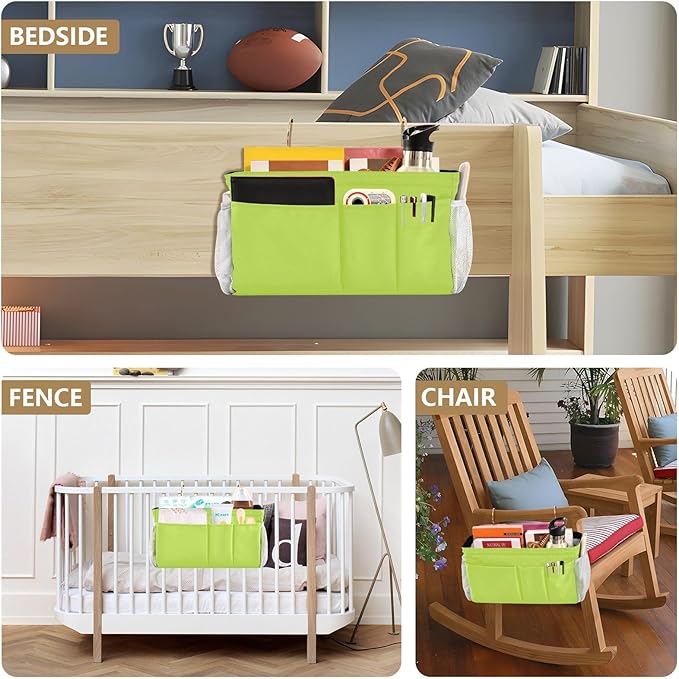 DOMIKING Neon Yellow Bedside Caddy for Dorm Bed Recliner Armrest Organizer with Hooks Haning Holders for Magazine Phone Tablet