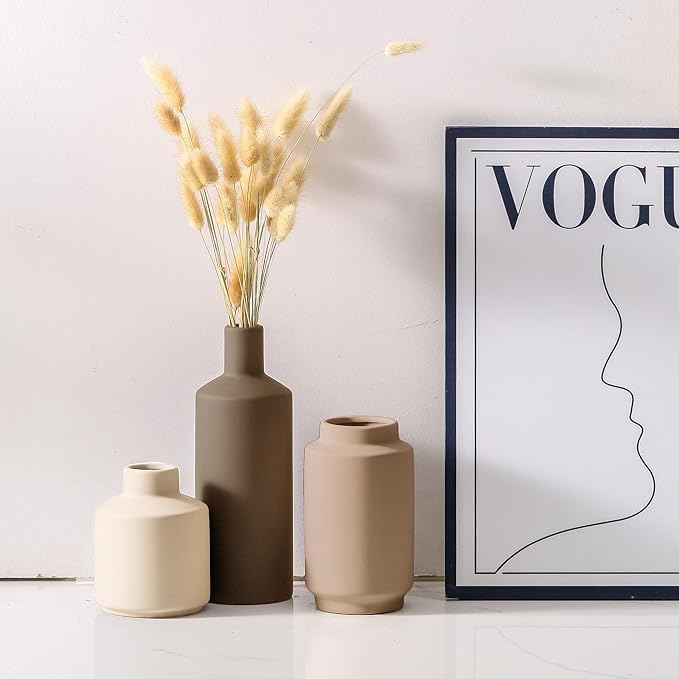 Ceramic Vase Set of 3 Terracotta Brown Beige, Modern Small Flower Vases for Home Decor, Boho Farmhouse Rustic Decorative Vases for Living Room Table Shelf Kitchen Bedroom Centerpieces