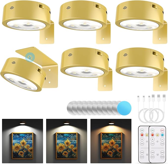 6 Pack Picture Lights for Wall, Rechargeable Battery Operated Wall Lights, Picture Frame Lights with 3 Lighting Modes, Wireless Magnetic Painting Light with Remote Control Timer, (Golden)