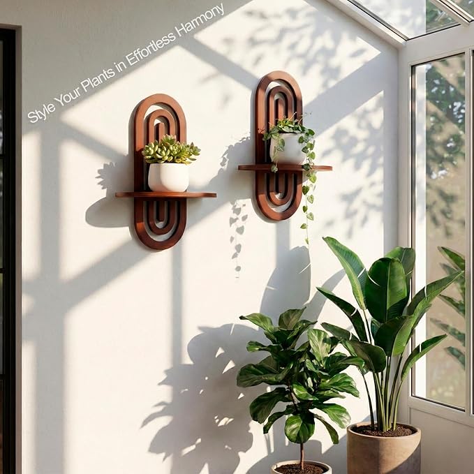 Boho Wall Decor Floating Shelves with Arched Design, Wood Wall Decorative Bohemian Art Display Shelf Set of 2 for Living Room, Bedroom, H 16.7" x W 11.8"