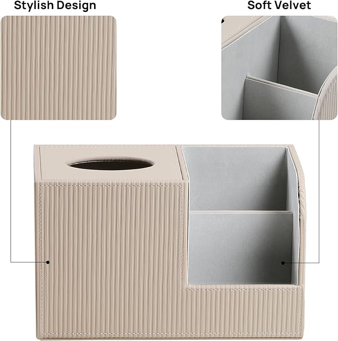 Square Tissue Box Cover with 2 Compartments Storage Organizer, PU Leather Tissue Box Holder with Remote Control Holder for Livingroom Nightstand, Multifunctional Cube Tissue Holder (Beige)