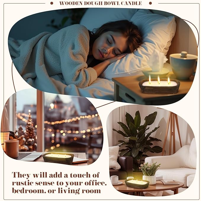 Threlaco 1 Pack 10 Inch Wood Dough Bowl Candles Home Rustic Dough Bowl Soy Candle 3 Wick Scented Candles Gifts for Men Women Farmhouse Table Centerpiece Home Decor for Christmas(Hot Cocoa)