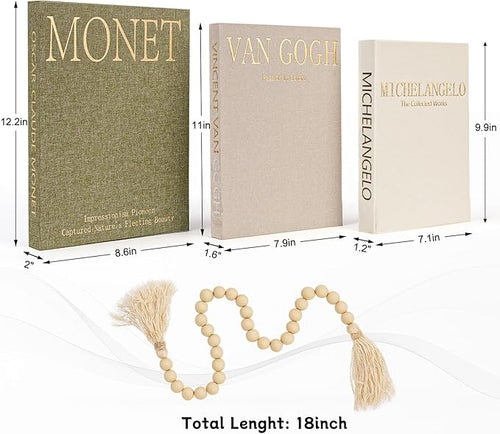 Aesthetic Decorative Books for Home Decor w. Wood Bead - Set of 3 Linen Fake Books for Decoration, Coffee Table Book Box Decor for Mantle/Bookshelf/Farmhouse/Entryway/Nightstand