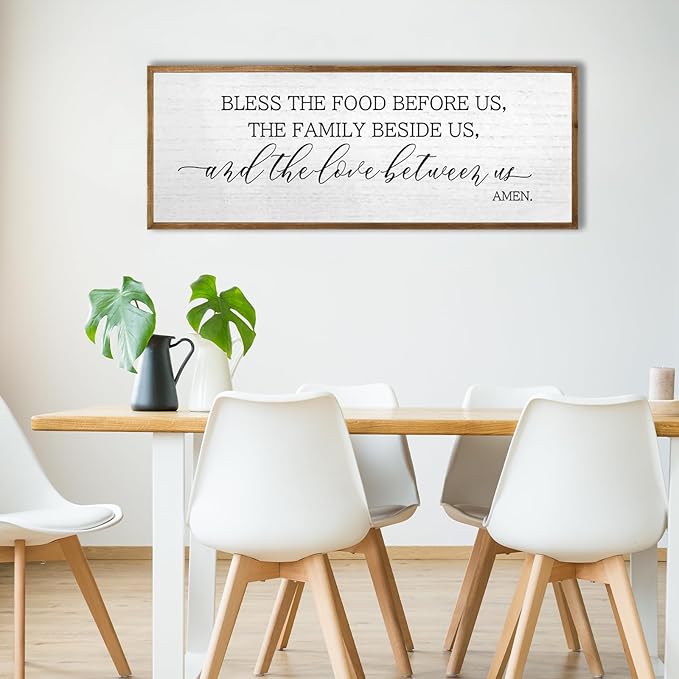 Christian Blessing Dining Room Wall Decor 40"×15" Bless The Food Before Us Sign Rustic Farmhouse Kitchen Religious Decor Large Catholic Horizontal Wooden Frame Wall Art Hanging (Wood)