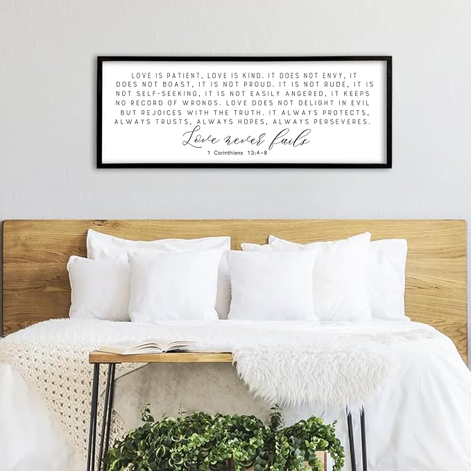 Love is Patient Kind Sign Wall Art 40"X15" 1 Corinthians 13 Bible Verse for Bedroom Above Over Bed Christianity Large Wood Framed Wall Hanging Decor (Black）