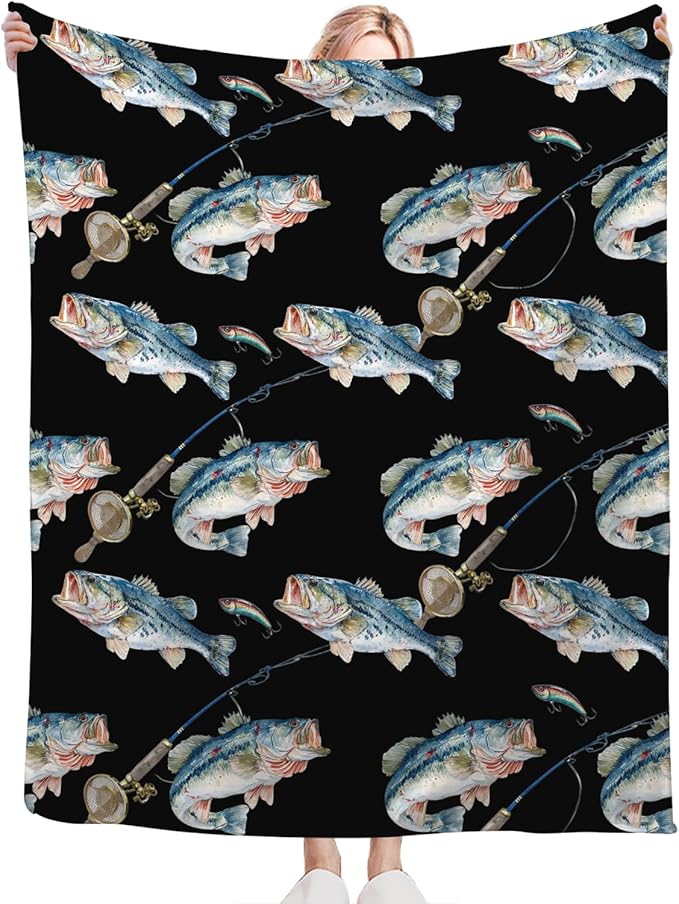 Bass Fish Blanket for Girls Women Boys Men Adults Kids Soft Cozy Fleece Fishing Throw Blankets Fisherman Gifts Warm Flannel Plush Lightweight Decor for Couch Bed Sofa 50"X40"
