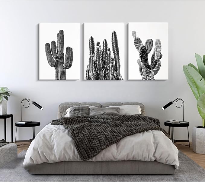 Black And White Cactus Canvas Wall Art Saguaro Cactus Pictures Wall Decor Black And White Artwork Painting Mexican Succulent Poster Prints for Living Room Bedroom Decor 12x16x3 Inch Ready to Hang