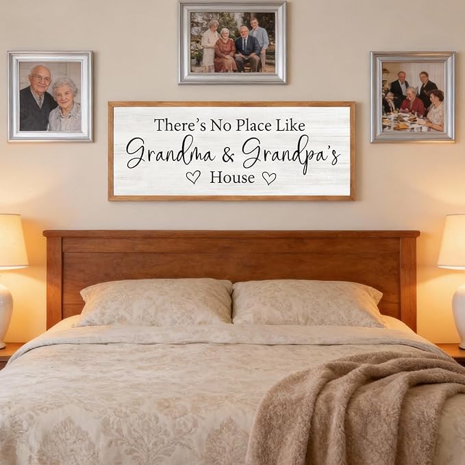 There’s No Place Like Grandma and Grandpa’s House Wall Decor: 32x12 Inch Framed Wooden Family Quote Sign, Rustic Farmhouse Wall Art for Grandparents’ Home, Living Room or Entryway, Natural