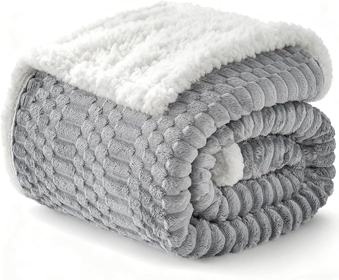 Sherpa Throw Blanket for Couch Flannel Cozy Soft Thick Blanket Warm Twin Blanket for Bed Fleece Home Decor Gifts, Z01 - Light Grey, 60"*80"