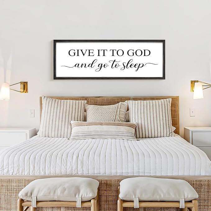 Give It to God and Go to Sleep Sign 42''×15'' Large Above Bed Wall Decor Farmhouse Bedroom Decor Wood Framed Guest Room Decor Wall Art Rustic Master Bedroom Wall Decoration (Black)