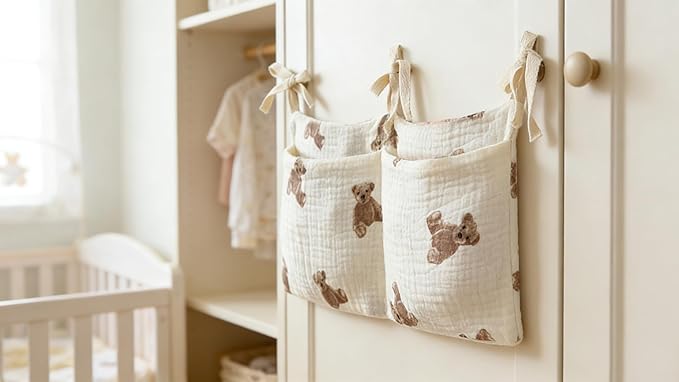 Bedside hanging bag for storing baby milk bottles and blankets - Baby diaper folding bed organizer bag - White teddy bear