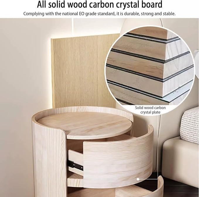 Round Nightstand,Bedside Table with 2 Solid Wood Storage Drawers,Modern Minimalist Bedroom Side Table,Leather Night Stands for Bedroom/Living Room,No Installation Required,End Table