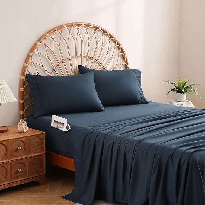 JSD Navy Blue Queen Sheet Set with Side Pocket Corner Straps, 4 Piece Soft Microfiber Bed Sheets Extra Deep Pocket