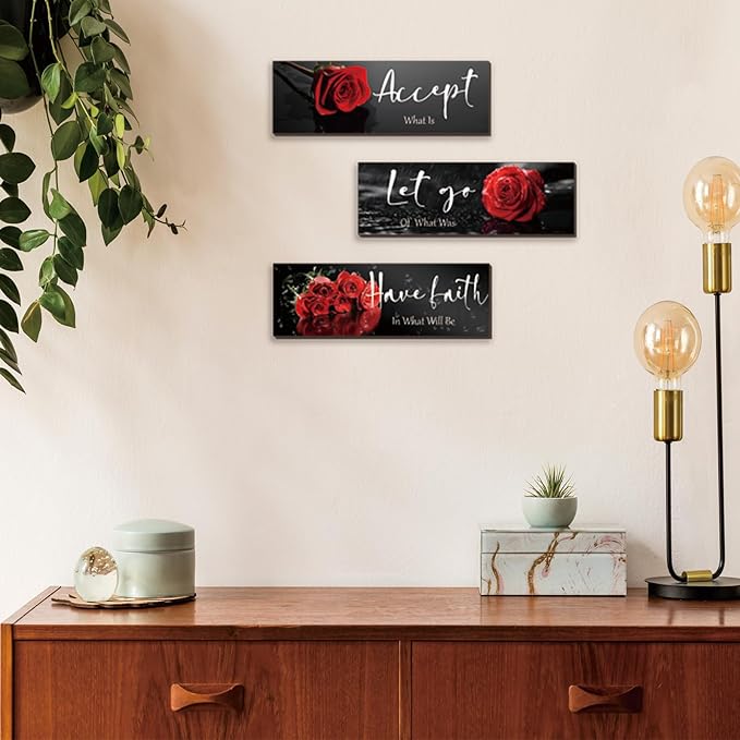 ZINYAZHE 3 Pcs Red Decor Flower Inspirational Wooden Wall Art Red Roses Office Wall Decor with Accept Let Go Have Faith Positive Quotes for Girl Women Bathroom Living Room Bedroom(16 x 5 Inch)