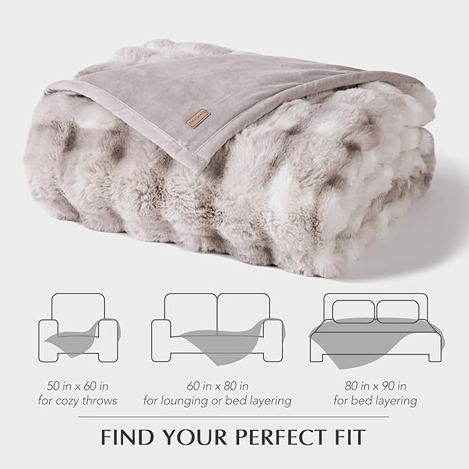 EverGrace Ultra Soft Luxury Fluffy Faux Rabbit Fur Throw Blanket, Thick Warm Bubble Throw for Bed, Cozy Plush Reversible Blankets for Couch, Chair, Sofa, Light Grey, 80x90 Inches