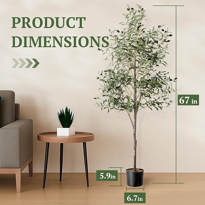 Waterproof Artificial Olive Tree, 5.5 FT Tall Faux Olive Tree for Home Indoor Decor, Floor Plant with Textured Leaves Fruits, Realistic Wood-Grain Trunk, Fake Plant for Living Room Bedroom Office