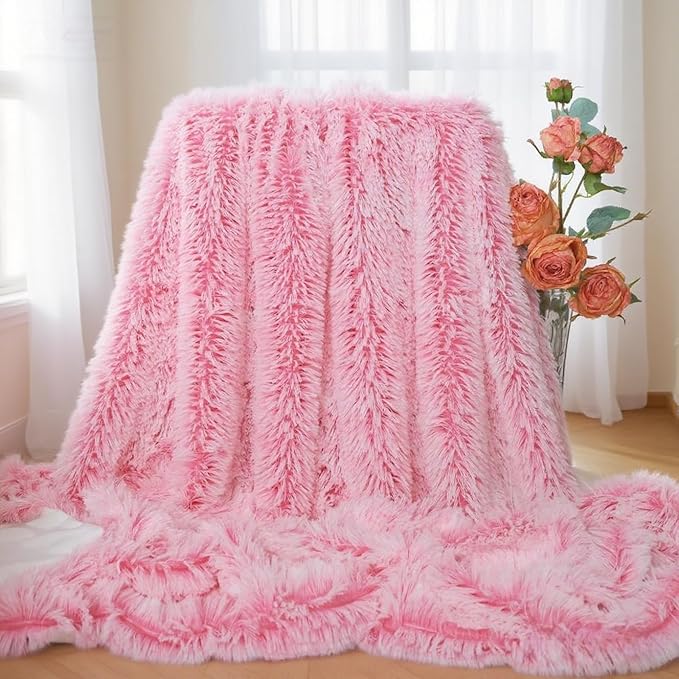 Plush Super Soft Blanket Bedding Sofa Cover Furry Fuzzy Fur Warm Throw Qulit Cozy Couch Blanket for Winter (63"x79",Pink and White)