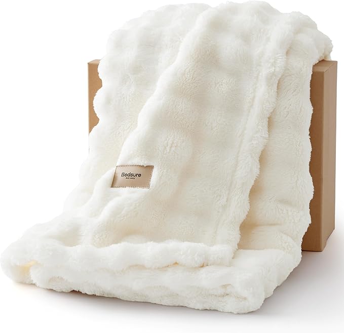 Bedsure 3D Fleece Bubble Blanket for Couch - GentleSoft White Spring Throw Blanket for Sofa Bed Room Decor - Luxury Soft Cozy Blanket Gifts for Women, Lightweight, All Seasons, Off White, 50"×60"
