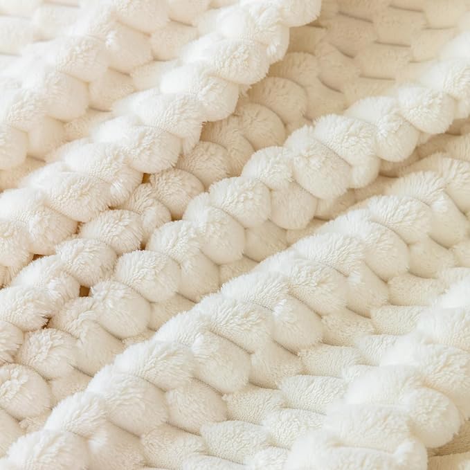 Super Soft Fleece Twin Blanket 50x70 Inches for Couch, Premium Silky with 3D Imitation Turtle Shell Jacquard Decorative Blankets, Lightweight and Cozy for Sofa.Ivory