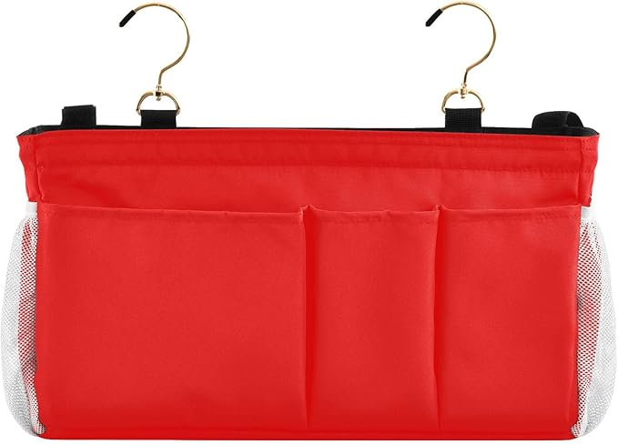 YETTASBIN Red Bedside Caddy Hanging Storage Organizer Bag with 2 Straps & Hooks for Bunk Beds, College Dorm, Hospital Bed - Holder for Books, Phone, Magazine, Glasses, Keys