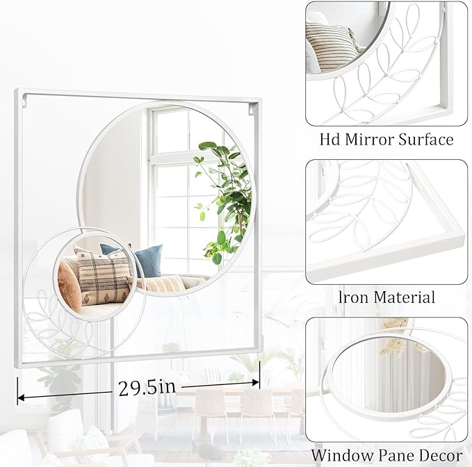 Large White Circle Wall Mirror, Square Wall Mounted Mirror Set Round Modern Art Decorative Mirrors for Living Room Bathroom 30x30 Inch Decor