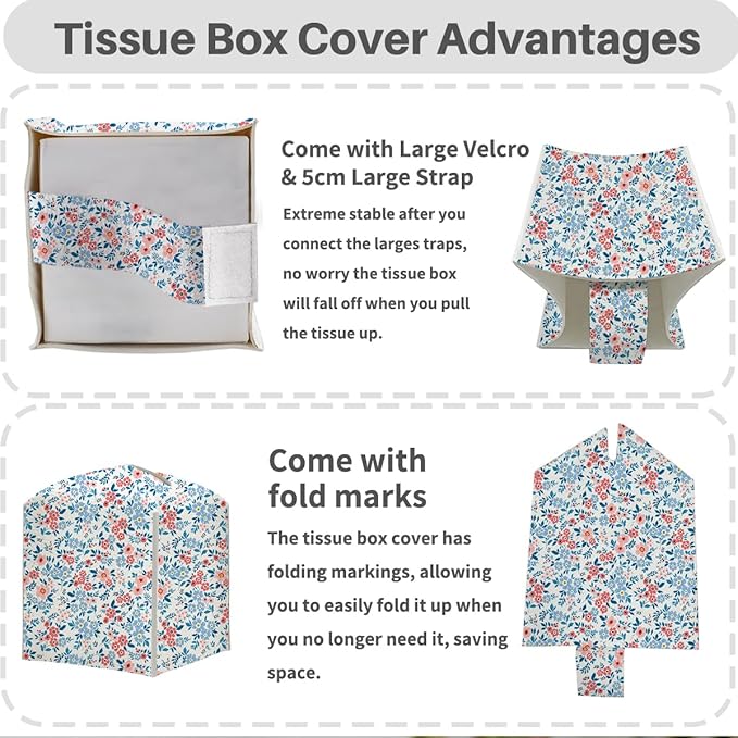 Tissue Box Cover, Tissue Box Holder, Square with Belt Bottom, PU Leather Decorative Organizer for Desk, Tabletop, Countertop Bathroom, Toilet Car, Dresser Kitchen, Aesthetic Pink Blue Flower Decor