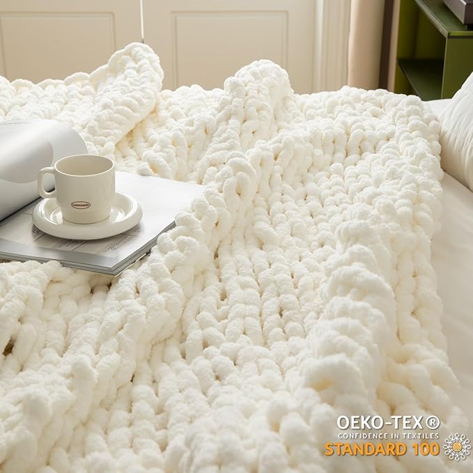 WESHIONGOO Chunky Knit Throw Blanket 51"×63" Knitted Throw Blankets for Couch Bed Fluffy Soft Blanket with Jumbo Chenille Yarn Thick 100% Handmade (Cream White)