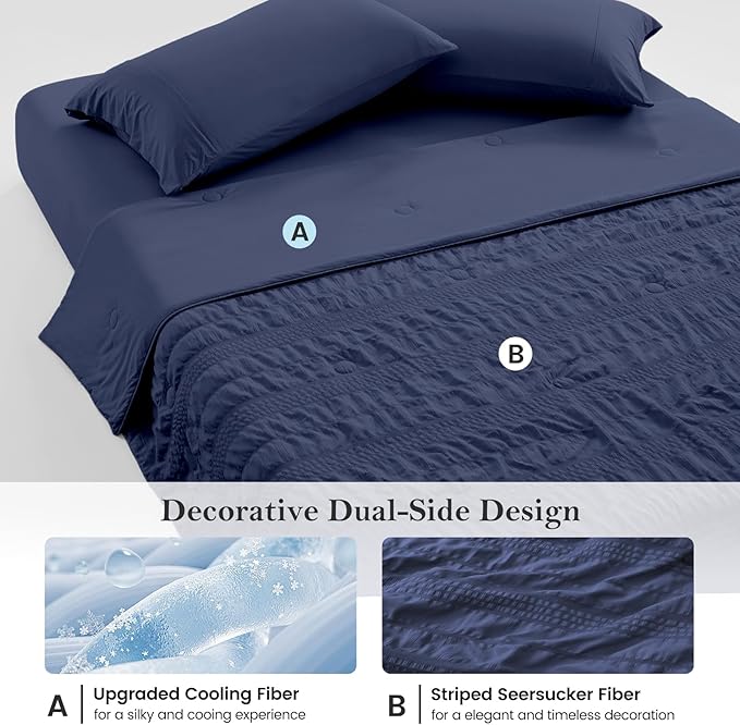 Cozy Bliss Striped Seersucker Cooling Comforter Twin Size, Lightweight Airflow Silky Cooling Bedding with Q-Max>0.45 for Bedroom, Home Decor, Hot Sleepers & Night Sweats, Navy Blue 68"x90"