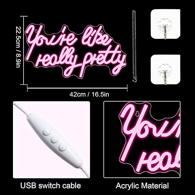Lucunstar You're Like Really Pretty Neon Sign Led Sign Pink Led Neon Light for Wall Decor Neon Signs for Wall Decor Light Sign for Wedding Dimmable Switch USB with Neon Sign for Bedroom Home Decor